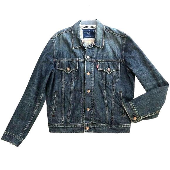 Levis Slim Trucker Jean Jacket Size L Y2k Red Tab Distressed Dark Wash Denim - Picture 8 of 14